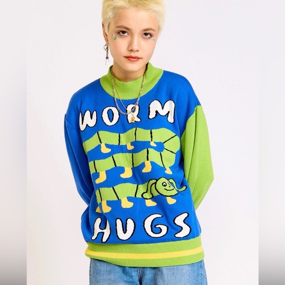 Kina And Tam Sweaters - Blue and Green Worm Hugs Turtleneck Sweater, XS
